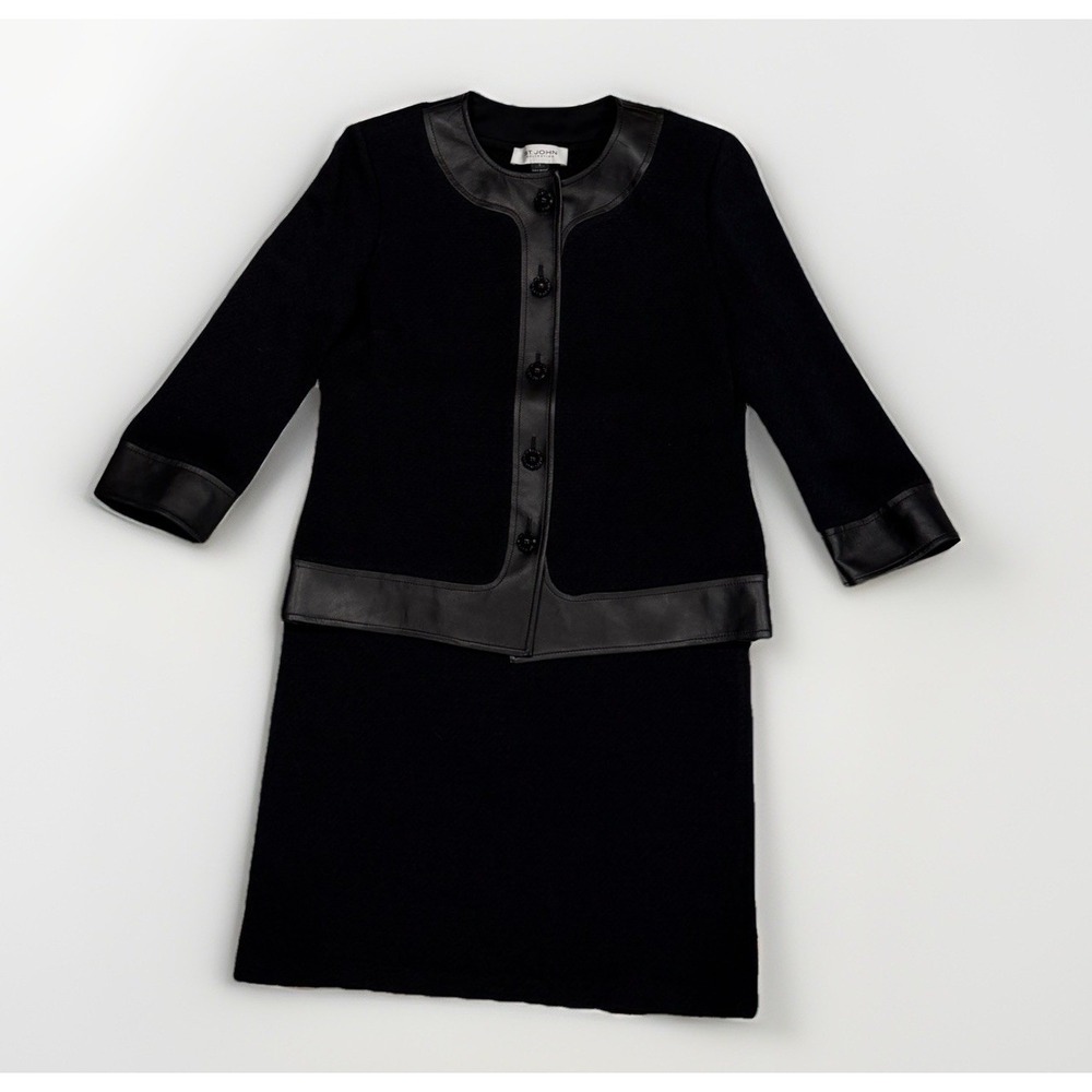 St. John Collection Black Knit Jacket with Leather Trim